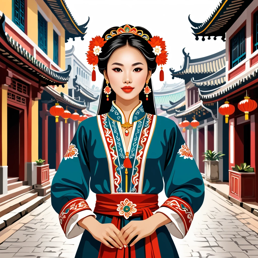 woman in macau folk outfit, vector graphics, strong contours
