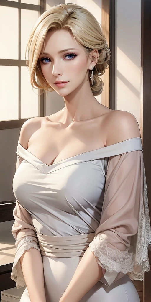 Elegant mature woman, milf, blue eyes, blonde hair, soft light, high detailed, 4k resolution, high quality, beautiful cg,