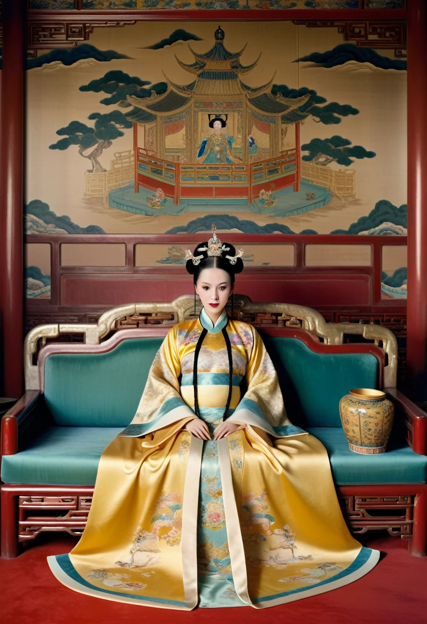 Luxurious empress at the Chinese court during the Qing Dynasty Luxurious empress at the Chinese court wearing a large sofa gold with a naked and crotched figure with her hair tied on both sides Perverted and erotic woman wearing a crown and tying her hair, background is a luxurious room of an empress at the Chinese court during the Qing Dynasty