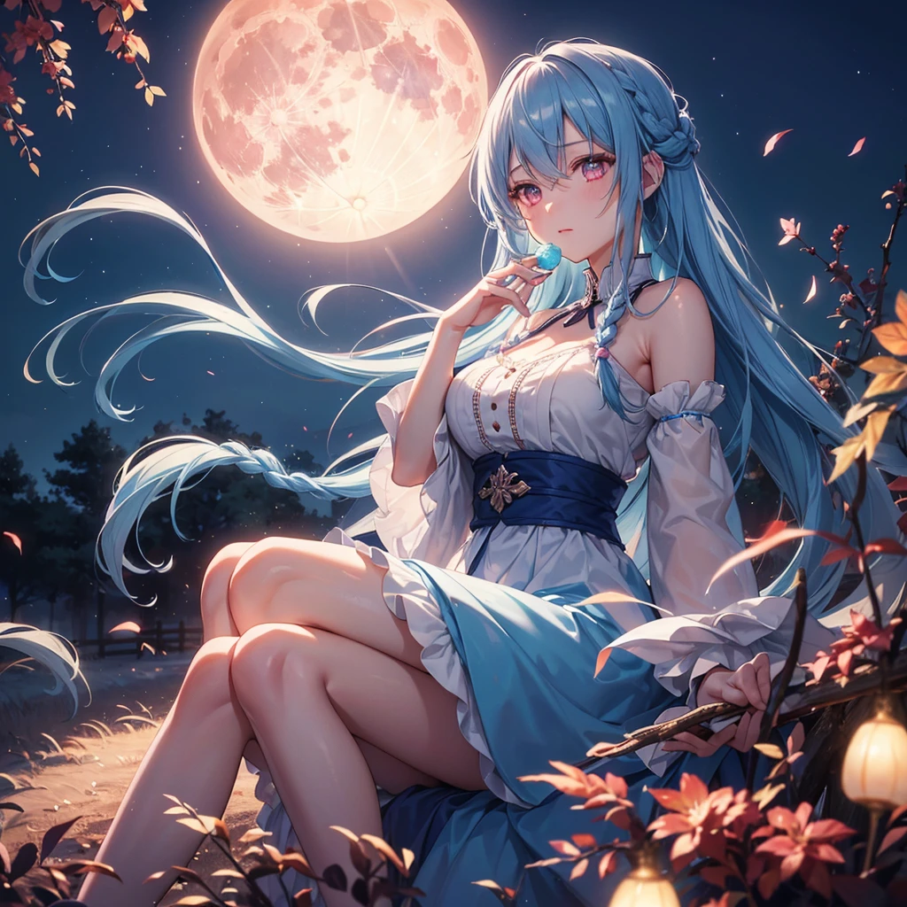 Sky blue hair, (1 braided hair), (Pink eyes),Fair skin)  ,(whole body),(One Girl),harvest moon,A large amount of Miscanthus sinensis in the background,(full moon),(masterpiece, Highest quality, Very detailed, Best Shadow), (Detailed Background), (Beautifully detailed face), High Contrast, (Best lighting, Very delicate and beautiful), ((Cinematic Light)), Hyper Detail,8k, Dramatic Light, Intricate details,Sitting and eating rice dumplings