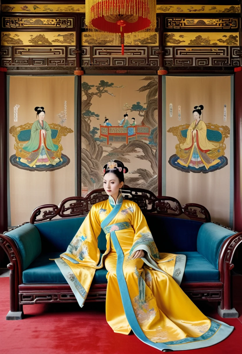 Luxurious empress at the Chinese court during the Qing Dynasty Luxurious empress at the Chinese court wearing a large sofa gold with a naked and crotched figure with her hair tied on both sides Perverted and erotic woman wearing a crown and tying her hair, background is a luxurious room of an empress at the Chinese court during the Qing Dynasty