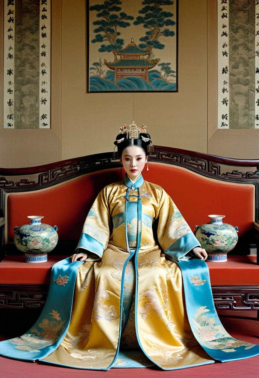 Luxurious empress at the Chinese court during the Qing Dynasty Luxurious empress at the Chinese court wearing a large sofa gold with a naked and crotched figure with her hair tied on both sides Perverted and erotic woman wearing a crown and tying her hair, background is a luxurious room of an empress at the Chinese court during the Qing Dynasty