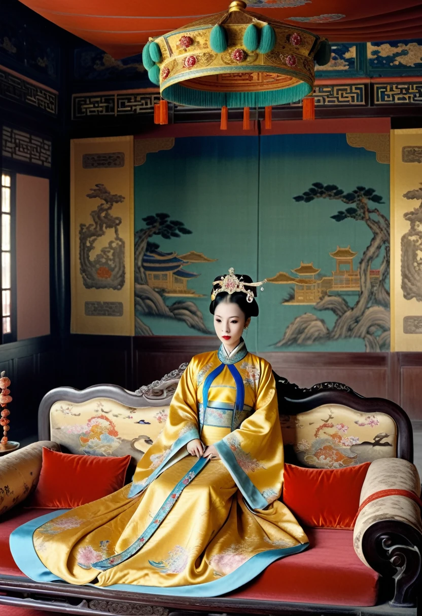 Luxurious empress at the Chinese court during the Qing Dynasty Luxurious empress at the Chinese court wearing a large sofa gold with a naked and crotched figure with her hair tied on both sides Perverted and erotic woman wearing a crown and tying her hair, background is a luxurious room of an empress at the Chinese court during the Qing Dynasty