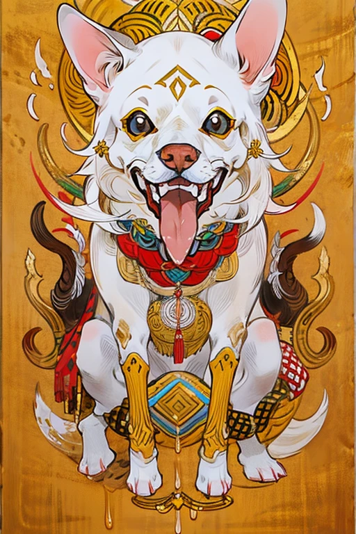 (masterpiece: 1.2, Highest quality),golden screen、White Dog、Colorful Accessories