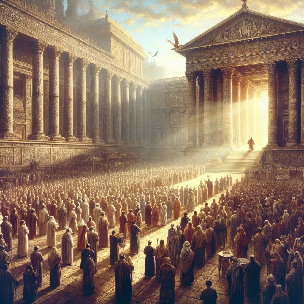 A photo from the Second jewish Temple period shows the temple from the outside, the gathering of the people and the Jewish   hyper - realistic photography illustrations, fauna and flora accuracy, pixelated realism, forest color grading, strong facial expression --ar 3:4 --s 750priests blessing the people. Biblical style cinematography and art as a principle should give an idea of ​​light and spirituality.