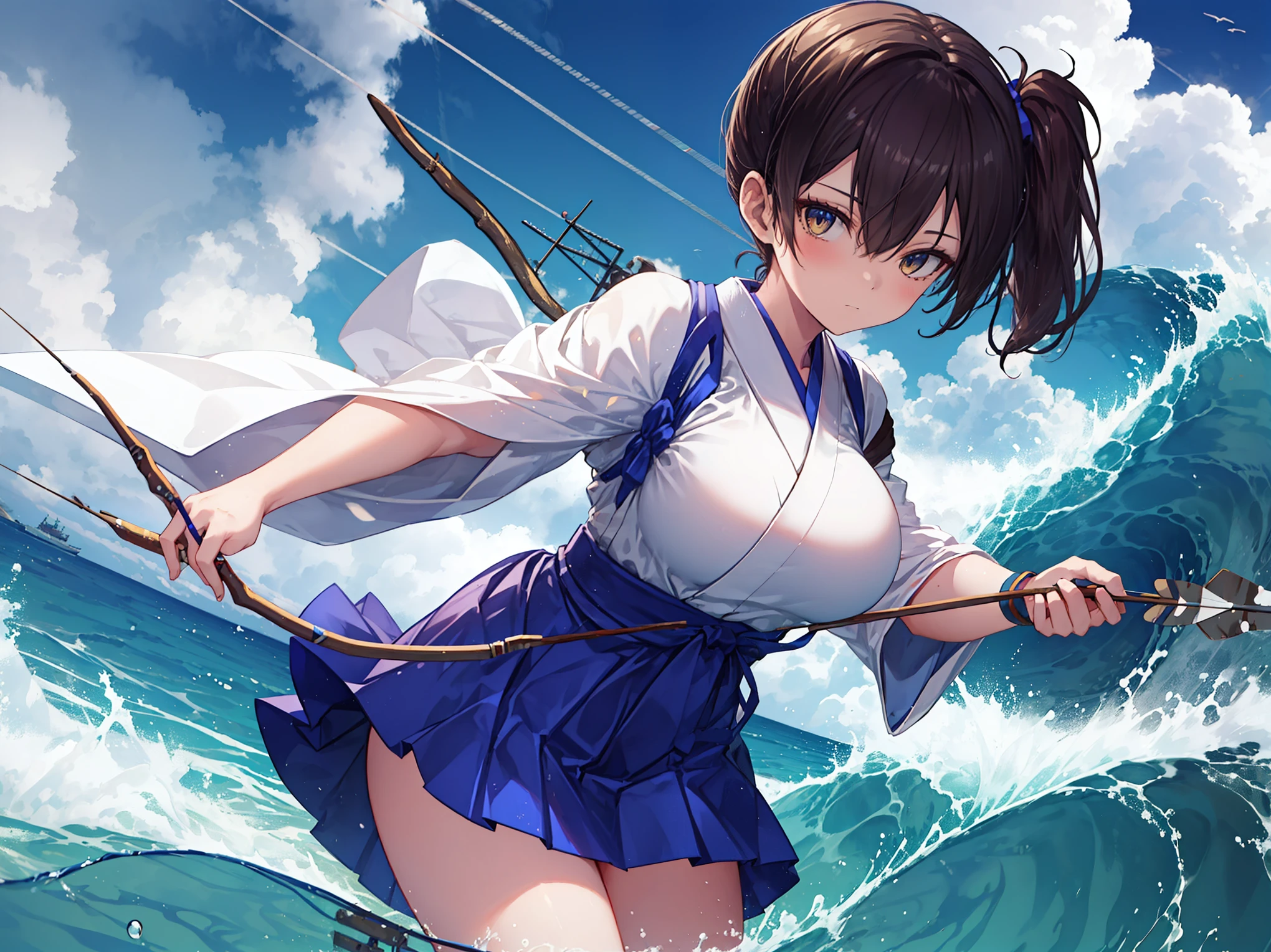 Kaga(Fleet Collection),highest quality, masterpiece, High resolution,kimono,blue skirt,side ponytail,big_breasts,solo,Japanese_bow&arrow,dynamic_posing,half_eyes,solo,plump,sea_landscape_background,waves