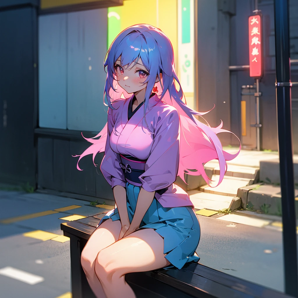 Cute anime girl sitting on a bench in the streets of japan neon lights 