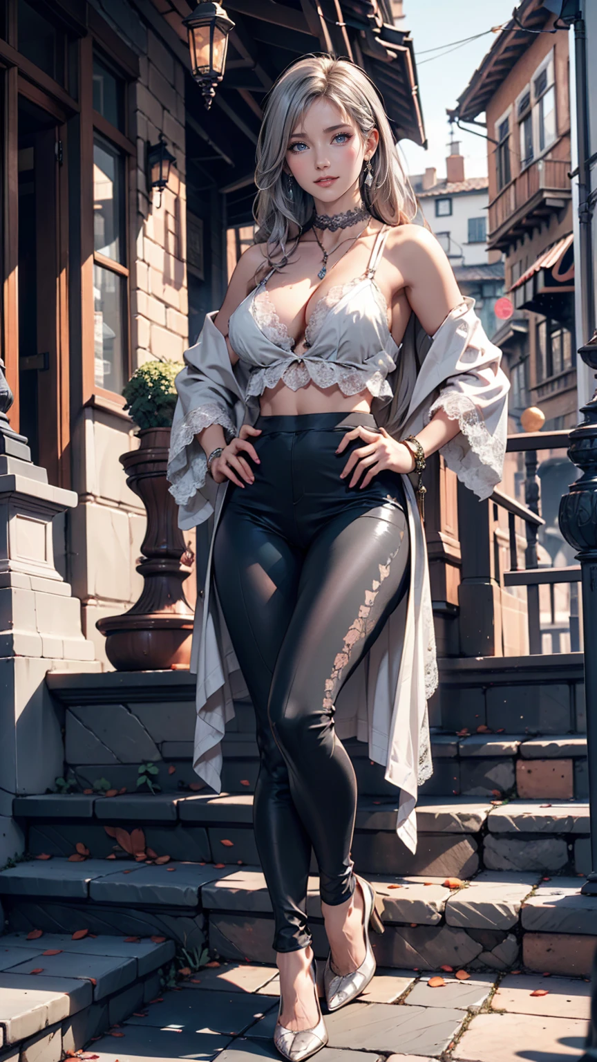 24 year old Caucasian female、Silver Hair、Straight Hair、Lace choker、Strap shoulder tops、No bra、Chest（Nipple swelling emphasis)、Colorful leggings、Stiletto heels、Place hands on hips、Sitting on the wide stone steps of the Old Town、Cheek resting on hand、smile、Silver accessories on the wrist