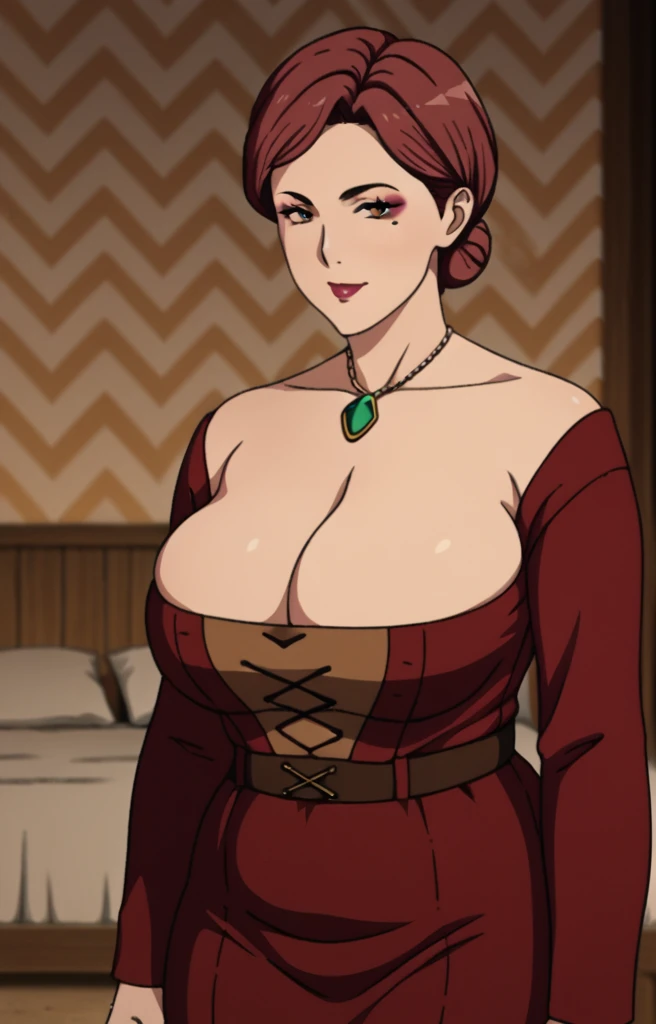 cleavage,maroon hair, busty, huge  , Short hair,  tied hair,cleavage, detailed, upperbody, wringkle skin,Sagging breast,on the farm field,Fullbody,wedding ring,Old age,Solo,Fullbody,Potrait view,View face,Detailed face,Perfect face,Wrinkles face,Aged up,Mature,Milf,40 years old women who still got sexy body,fullbody,eyeshadow,Wedding ring,1girl,curvy bodyline,Focus onface to waist,Show face,Plump,Bed,Alluring mature body,Mature women,Solo,Detailed hand,Detailed body,SOLO,fullbody,Farmwife outfit with cleavage,Anime artstyle,in front of farmhouse