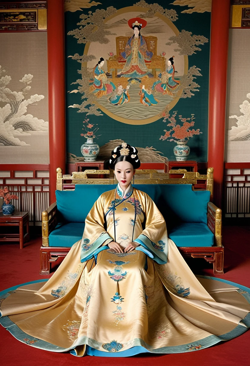 Luxurious empress at the Chinese court during the Qing Dynasty Luxurious empress at the Chinese court wearing a large sofa gold with a naked and crotched figure with her hair tied on both sides Perverted and erotic woman wearing a crown and tying her hair, background is a luxurious room of an empress at the Chinese court during the Qing Dynasty