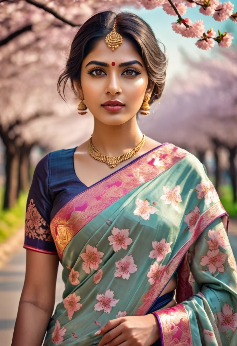 a woman in a saree, walking on a road, cherry blossoms, beautiful landscape, detailed face, beautiful eyes, long eyelashes, full lips, intricate traditional indian saree pattern, soft lighting, warm color palette, cinematic, highly detailed, photorealistic, 8k, HDR, masterpiece