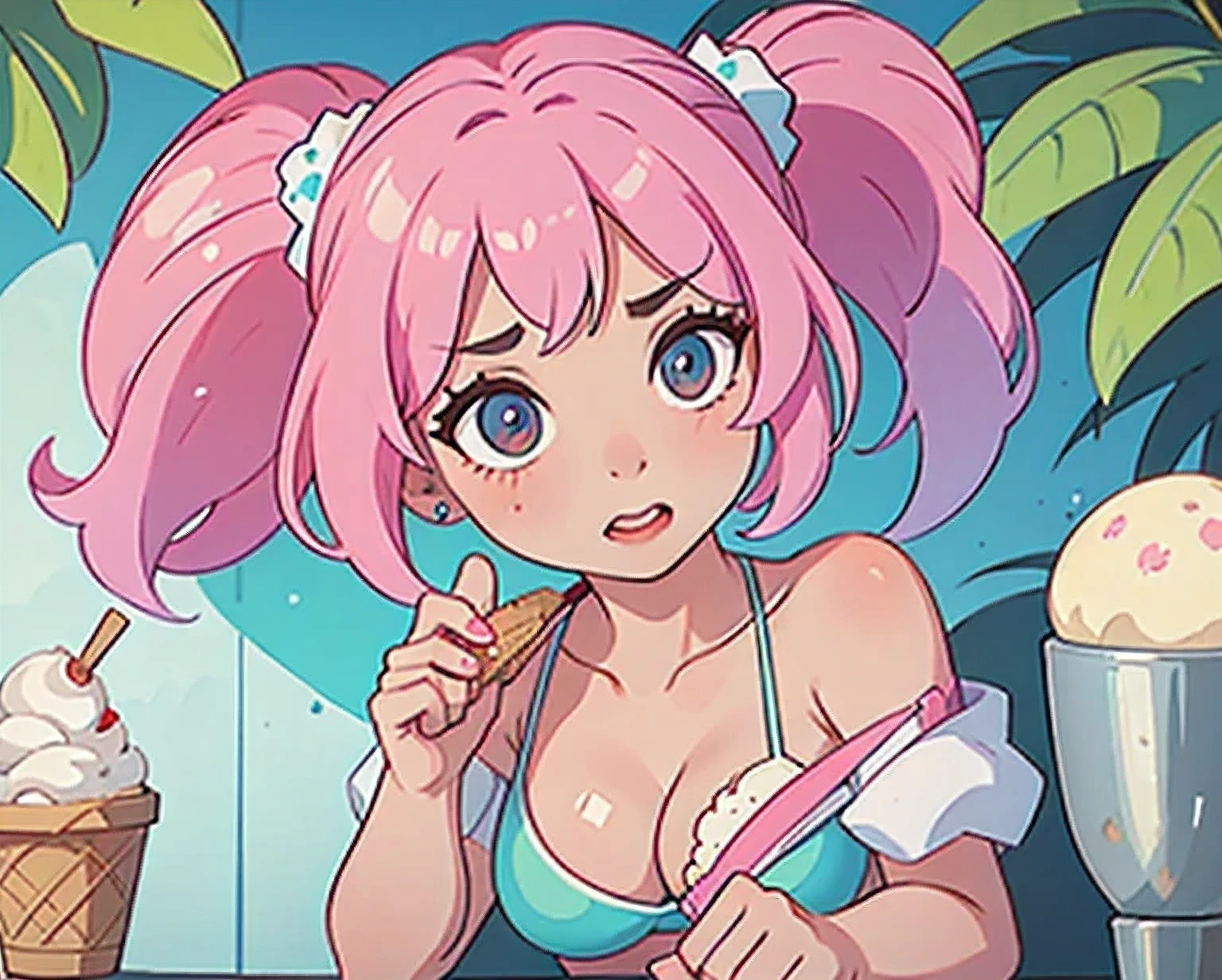 girl in a bikini eating an ice cream cone, eating ice cream, in a bikini, angela white, giorgia meloni, katy perry, in bikini, eating ice - cream, wearing spandex bikini, ice cream on the side, bikini, ice cream, wearing a bikini, candid photo of dirty, shiny plastic bikini, candid shot, cone, 1 girl, solo,in a green dress standing by a wall,portrait of female idol