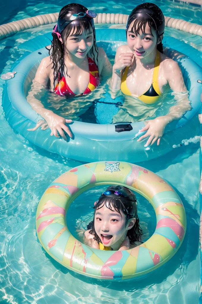 8k,masterpiece,Japanese,best quality, (two girls get into a swim ring:1.6), cramped inside a swim ring