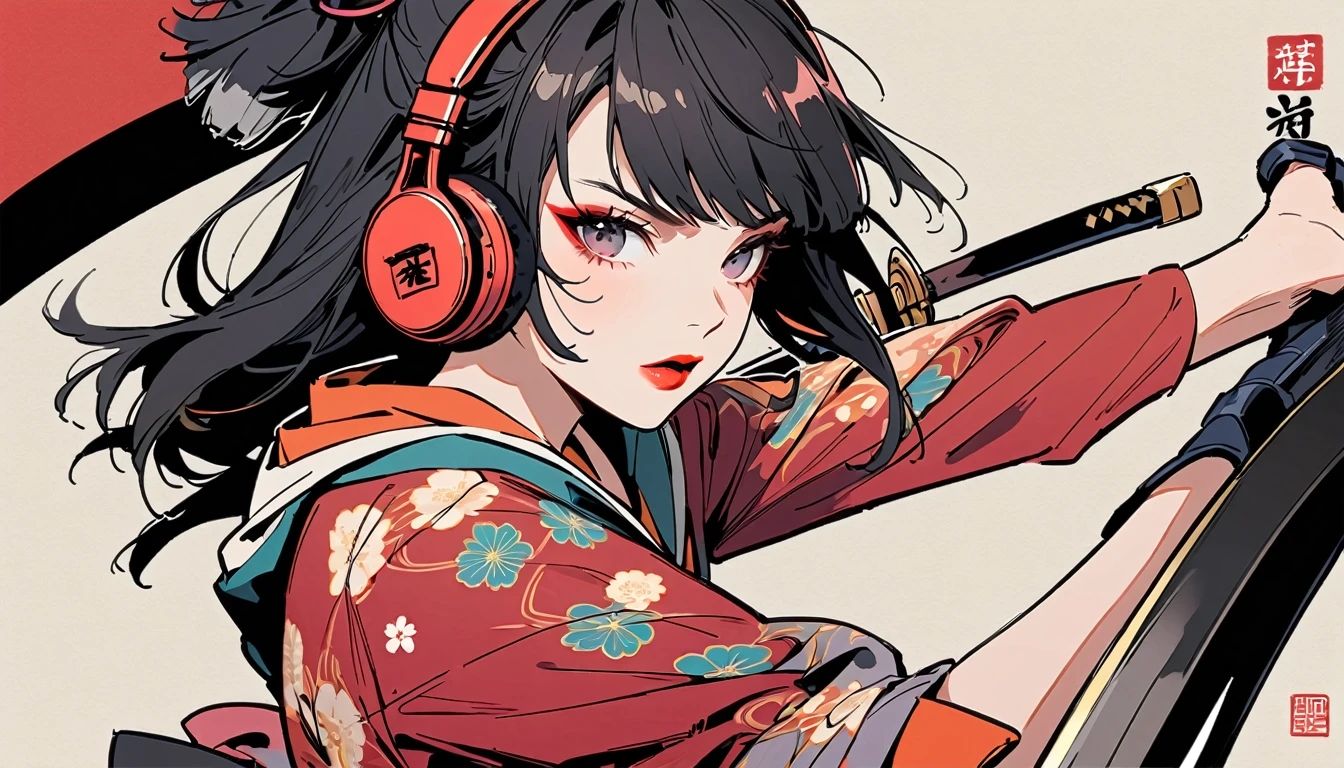 (((独奏))), (((Flashy makeup))), (((Japanese style headphones))), (((Japanese pattern hoodie))), (((Japanese sword))), (((Female samurai))), Japanese beautiful girl, Black Hair, Delicate and precise, Modern ukiyo-e style, Japanese flag, battle mode
