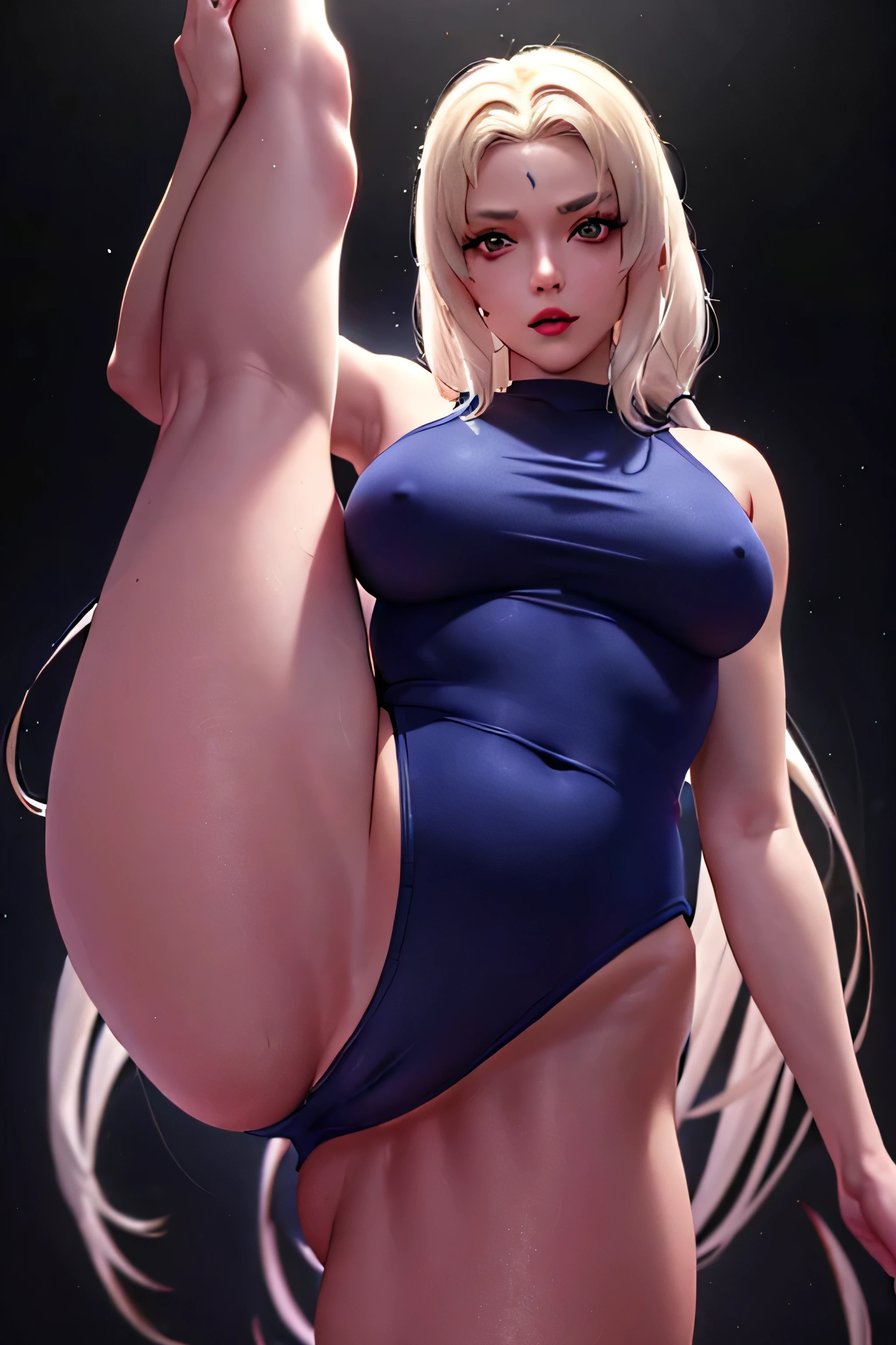 snfw,(highest quality:1.2),1 girl,alone,Are standing_Split,tsunade senju,(white leotard:1.2)、short hair,blue hair,bangs,interface headset,hair between eyes,pixelated background,neon light,SF color scheme,Bright colors,metallic texture,detailed shading,Holographic interface,dark atmosphere,high contrast,sharp focus,twig of hair,Reflective surface,exquisite details,High resolution,studio lighting,Red accents,Illuminated environment,artificial intelligence assistant、camel toe