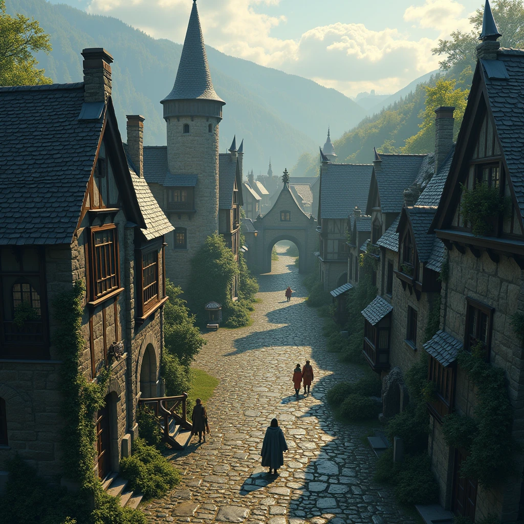 Medieval fantasy street with bird&#39;s eye view of magic