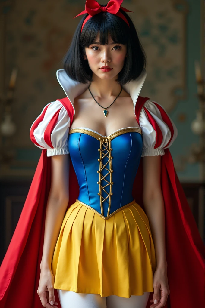 Beautiful mature40 year old woman, snow white cosplay, blue corset, yellow pleated skirt, red and white slashed shoulder sleeves, black bob hair, red headband, red cape, silk, satin, photorealistic, masterpiece, best quality, beautifully detailed face, detailed skin, white leggings, sexy,