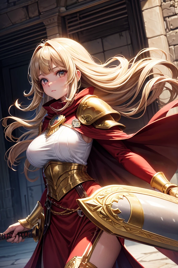 ((masterpiece, best quality, ultra-detailed, high resolution, extremely detailed CG, super detailed, Most beautiful clean lighting)),1girl, pretty face, blunt bangs, Long hair, drill hair, twin drills, blonde hair, shiny hair, glow eyes, jitome, brown eyes, tsurime, white skin, huge breasts, Short body, Western-style fantasy, RPG, Rocky mountains, desert, Red cape, Golden knight, Golden Armor, she is holding a large sword and a large shield.