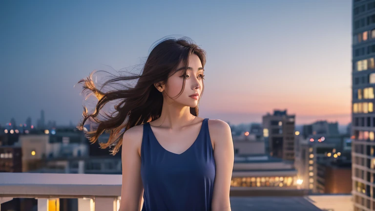 Beautiful woman standing on the roof of a big city building、Hold your hand over your forehead、Hair fluttering in the wind、Navy blue tank top、Night Sky、Realistic photo、Professional photography with attention to detail