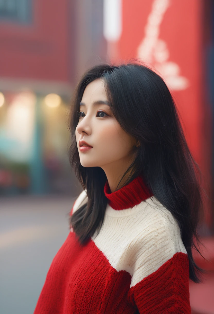 masterpiece, ultra-realistic, 20 years old, 8k, hd, beautiful girl, black hair, very long hair, straight hair, closed mouth,1girl, detailed face, beautiful woman's face, red sweater, plumpy, red background, looking to viewer, 85mm lens, cinematic light