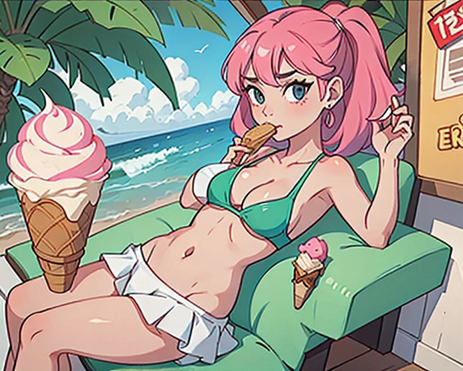 girl in a bikini eating an ice cream cone, eating ice cream, in a bikini, angela white, giorgia meloni, katy perry, in bikini, eating ice - cream, wearing spandex bikini, ice cream on the side, bikini, ice cream, wearing a bikini, candid photo of dirty, shiny plastic bikini, candid shot, cone, 1 girl, solo,in a green dress standing by a wall,portrait of female idol