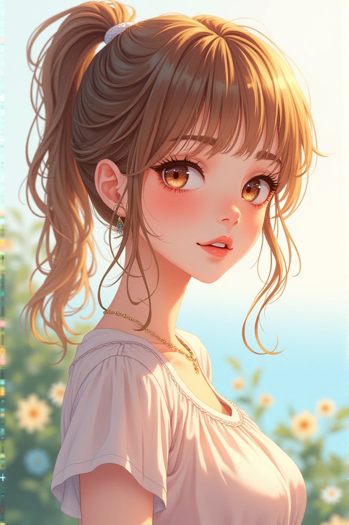 ((masterpiece)), (Highest quality), High resolution, (Very detailed), (8k), Caustics, Cinema Lighting, Perfect Anatomy, Sharp focus, Beautiful attention to detail, Beautiful and detailed lip, Beautiful and detailed hair, Ultra-detailed skin BREAK Whimsical watercolor illustration style, Soft Pastel Palette, Summer-inspired color palette, Official art for A Beautiful Girl from BREAK, with characters interacting with the environment,Feeling the end of summer, (Hazel Hair, ponytail), ((Big eyes, Hazel Eyes)), (Natural Makeup:1.2), Casual fit, (Small breast size), (thin) Break Full Body
