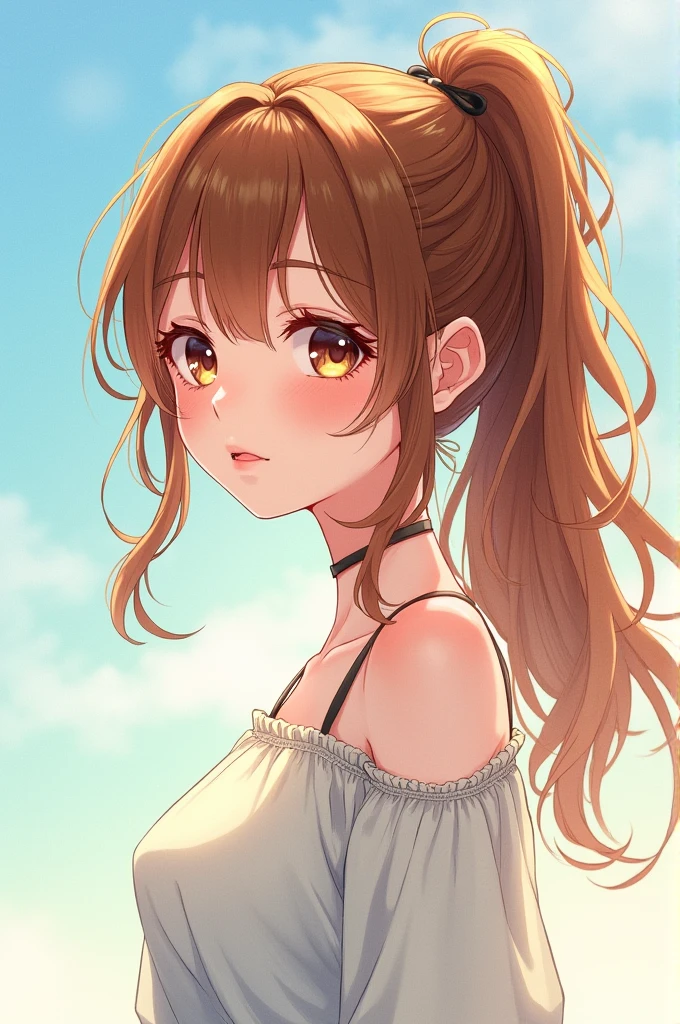 ((masterpiece)), (Highest quality), High resolution, (Very detailed), (8k), Caustics, Cinema Lighting, Perfect Anatomy, Sharp focus, Beautiful attention to detail, Beautiful and detailed lip, Beautiful and detailed hair, Ultra-detailed skin BREAK Whimsical watercolor illustration style, Soft Pastel Palette, Summer-inspired color palette, Official art for A Beautiful Girl from BREAK, with characters interacting with the environment,Feeling the end of summer, (Hazel Hair, ponytail), ((Big eyes, Hazel Eyes)), (Natural Makeup:1.2), Casual fit, (Small breast size), (thin) Break Full Body