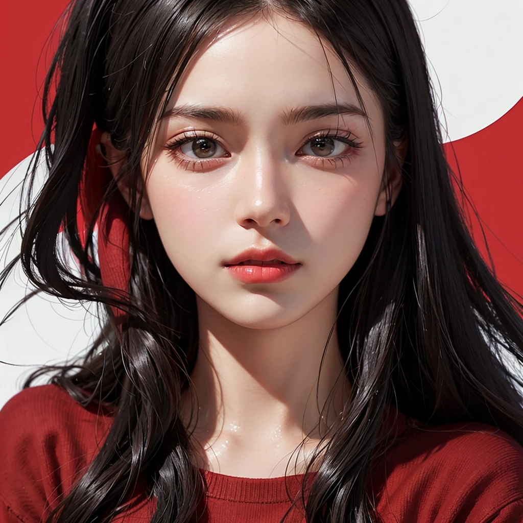 masterpiece, ultra-realistic, 20 years old, 8k, hd, beautiful girl, black hair, very long hair, straight hair, closed mouth,1girl, detailed face, beautiful woman's face, red sweater, plumpy, red background, looking to viewer, 85mm lens, cinematic light