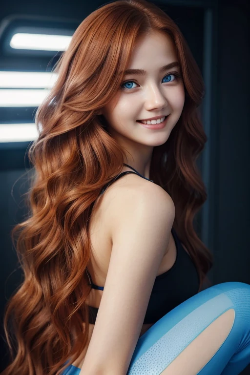 16 years old girl, beautiful big striking blue eyes, delicate black eyebrows, rosy cheeks, red lips, smiling face very white skin, long wavy orange hair cascading around her face and shoulders, detailed eyelashes, photorealistic cyberpunk style, perfectly focused, creamy smooth complexion, beautifully lit by soft diffused studio lights, extremely fine details, finely textured skin and hair full head to toe photo, wearing sport leggings