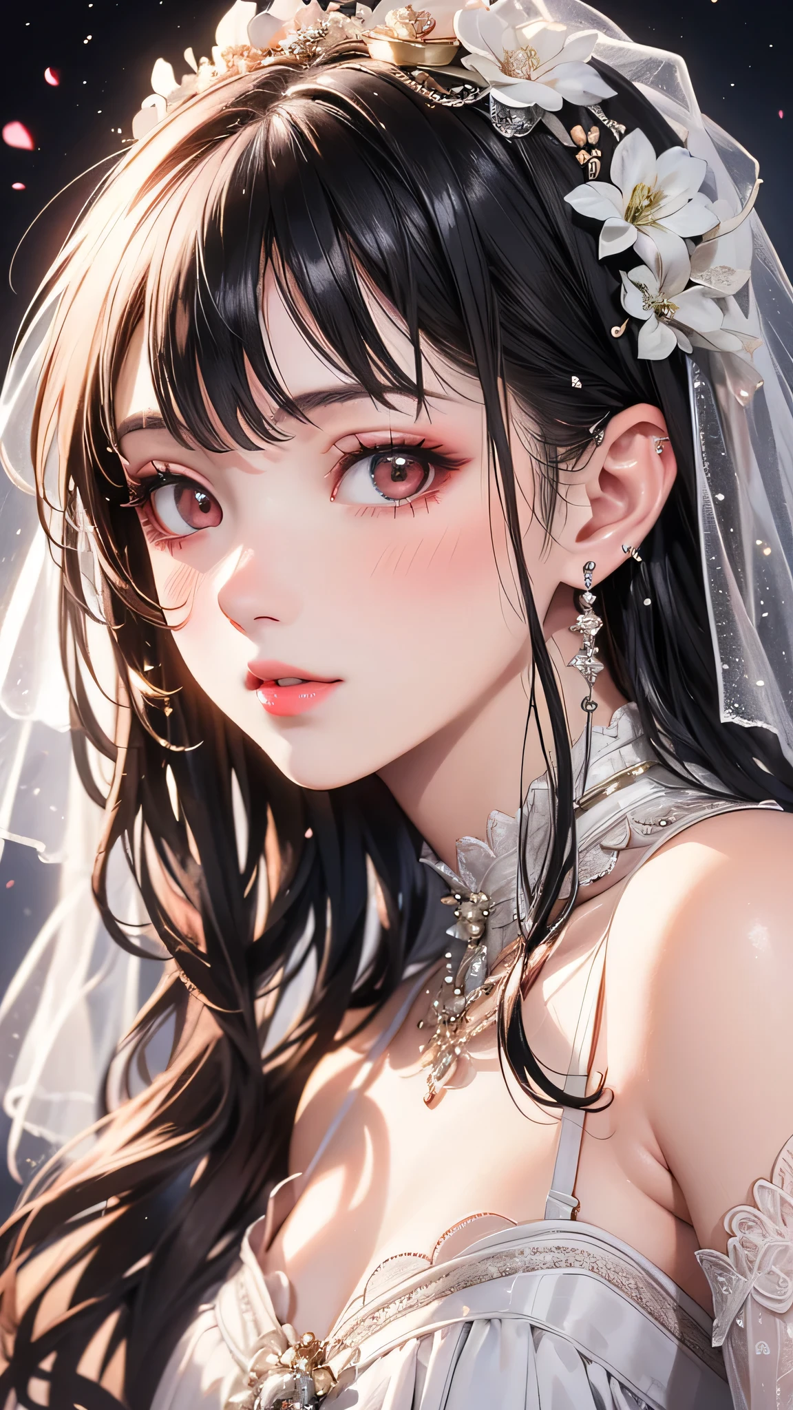 (Highest quality, High resolution, masterpiece:1.2,), night, One girl, whole body, (Wedding dress), (Beautifully detailed face),(Beautiful attention to detail), Wait for a kiss, View your viewers, Happy, blush,