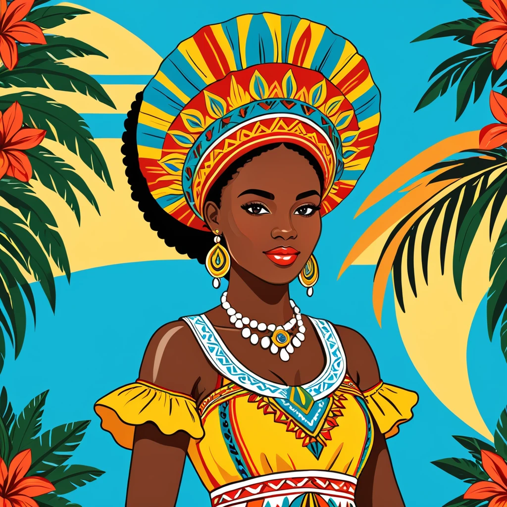 woman in bahamas folk outfit, vector graphics, strong contours, logo design