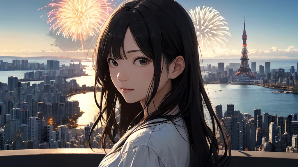 Shiraishi Mei, Looks exactly like Shiraishi Mei、one piece、Time is night、From a high-rise apartment room、Tokyo Tower in the background、Big fireworks、Oceanの方を向いている後ろ姿、Woman looking up at the sky ,Long Hair,  Black Hair,, Photo from the side, Realistic, Highest quality, Detailed face, Strong sunlight, Ocean, Embankment, Detailed Background, Diffused sunlight, Written boundary depth, Bokeh (Highest quality: 1.2), (masterpiece: 1.2), Watch Viewer, one piece, White Theme, ,Vision、(((Panorama:1.2)))