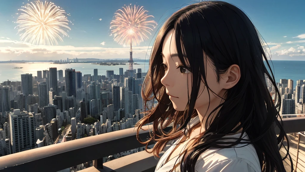Shiraishi Mei, Looks exactly like Shiraishi Mei、one piece、Time is night、From a high-rise apartment room、Tokyo Tower in the background、Big fireworks、Oceanの方を向いている後ろ姿、Woman looking up at the sky ,Long Hair, Black Hair,, Photo from the side, Realistic, Highest quality, Detailed face, Strong sunlight, Ocean, Embankment, Detailed Background, Diffused sunlight, Written boundary depth, Bokeh (Highest quality: 1.2), (masterpiece: 1.2), Watch Viewer, one piece, White Theme, ,Vision、(((Panorama:1.2)))