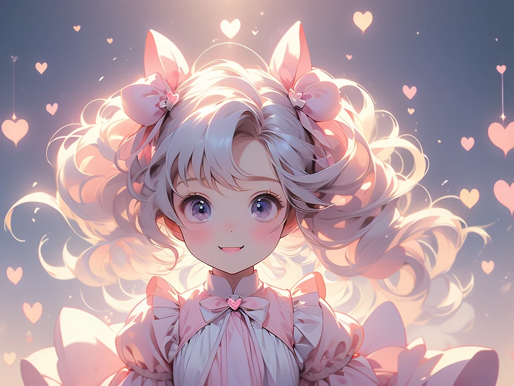 (pastel:1.2)、(Chibi Girl:1.3)、(Highest quality、8k、Super detailed、Real: 1.2)、Ezvian everywhere、Long twin tails、Bow and Bow、Heart Eyes、Fluffy dress、Glaring look、Cute Smile、Fluffy Robot Rabbit_Floating、Hold Fluffy Light、original、Round background、Colorful gradient