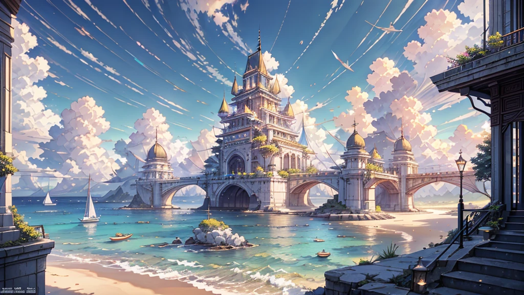 No people、Background only、Flat Line、anime、anime調、デジタルanimeアート、Flat Design,(masterpiece:1.2)、photograph、Back Blur、high quality、High resolution、Very detailed,summer,Ocean、Embankment, Clear blue sky