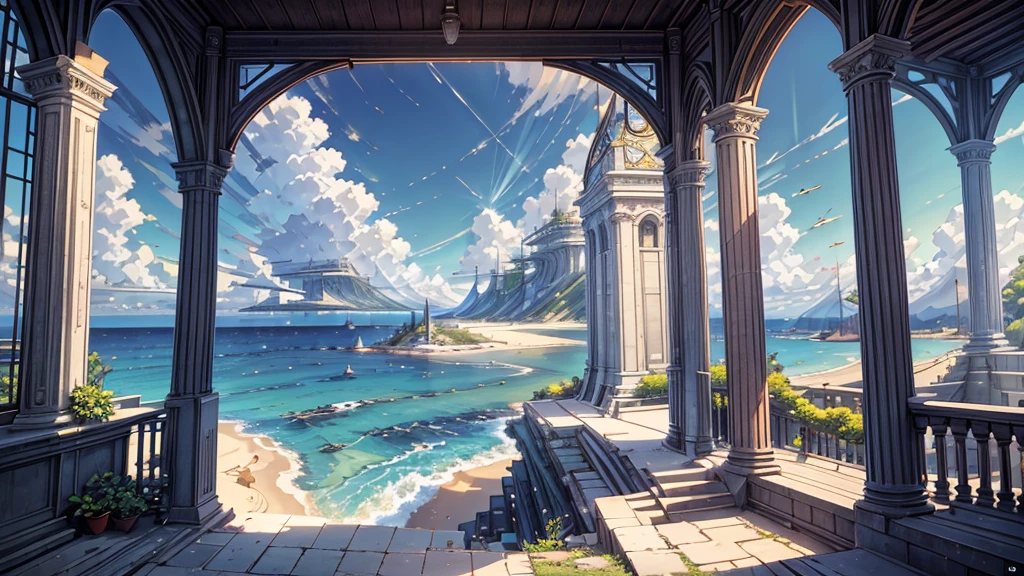 No people、Background only、Flat Line、anime、anime調、デジタルanimeアート、Flat Design,(masterpiece:1.2)、photograph、Back Blur、high quality、High resolution、Very detailed,summer,Ocean、Embankment, Clear blue sky