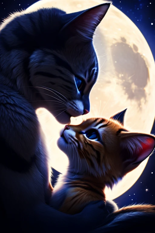 (Highest quality、masterpiece、8k))、Anatomically correct、Very detailed、High resolution、Cinematic lighting、Realistic、Intricate details、((Dynamic composition))、Two kittens、Big head、Beautiful white moonlit night、full moon、Big Moon、Face to faceTwo kittens、Face to face、((Close ~ eyes))、kiss