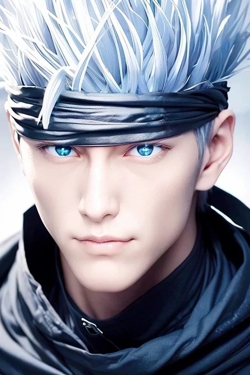 A vivid reproduction of the character of Gojo Satoru from Jujutsu Kaisen. His silver hair, 