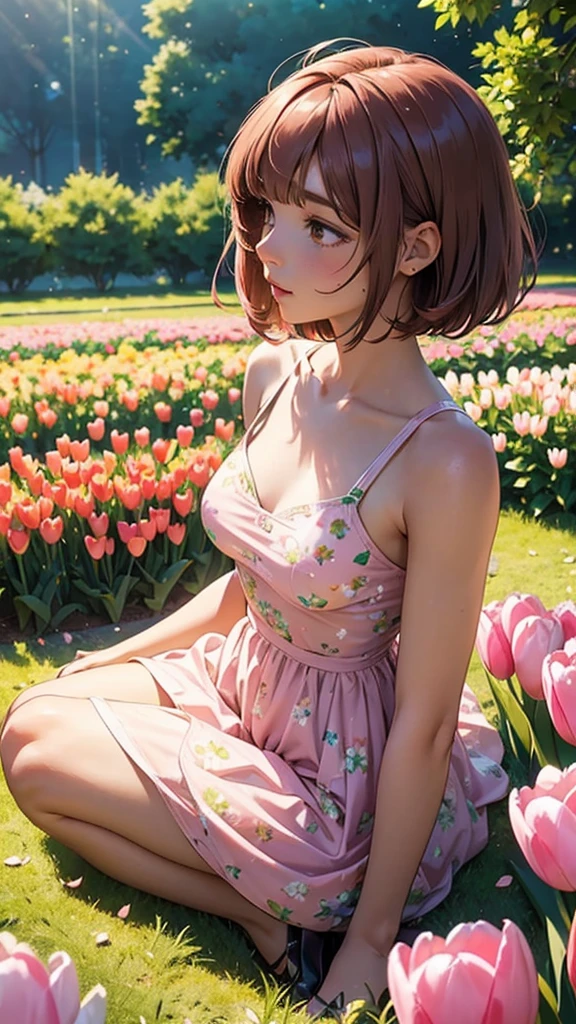 sitting, wariza, from above, spring clothes, light green floral print dress, pumps, Lots of colorful tulips, flower fields, warm atmosphere, rays of light from trees, backlit, profile
upper body, twinkle smile, 1girl, solo, 16years old, detailed beautiful face and eyes, brown eyes, (flat breasts:1.3), (very short hair:1.2), (bangs:1.2), (brown pink hair:1.2), hair fluttering, (well-proportioned body:1.2), (dynamic angle:1.3)
(masterpiece:1.2) , (best quality:1.2) , (ultra-detailed:1.2), more prism, vibrant color, ,hair over eyes, hair over one eye