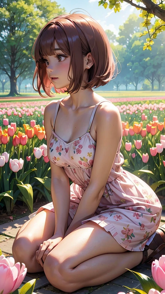 sitting, wariza, from above, spring clothes, light green floral print dress, pumps, Lots of colorful tulips, flower fields, warm atmosphere, rays of light from trees, backlit, profile
upper body, twinkle smile, 1girl, solo, 16years old, detailed beautiful face and eyes, brown eyes, (flat breasts:1.3), (very short hair:1.2), (bangs:1.2), (brown pink hair:1.2), hair fluttering, (well-proportioned body:1.2), (dynamic angle:1.3)
(masterpiece:1.2) , (best quality:1.2) , (ultra-detailed:1.2), more prism, vibrant color, ,hair over eyes, hair over one eye