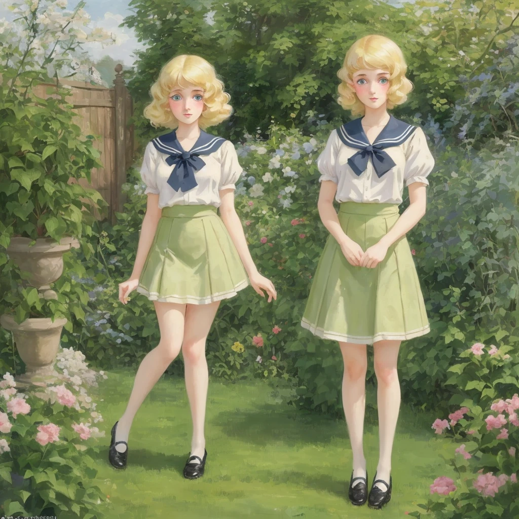 3 girls, long hair, Big , Blushing, blond, Green-eyed sailor suit short skirt 1933 style cute and beautiful girl 18 years old in the garden beautiful long legs high resolution, best quality, masterpiece, Lift skirt 