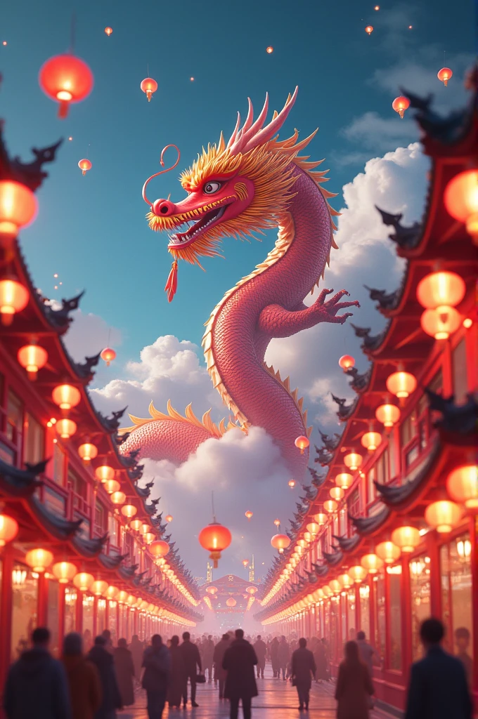 chinese style elements,Strong dragon image, The dragon is praying,Soaring Sky, There are colorful lights everywhere, They were delighted, (High Contrast), (Fantasy World Era), people々is having fun shopping, The atmosphere of the Spring Festival, (Ray Tracing, Global Illumination), (masterpiece:1.4), (Vibrant:1.2), Cinematic, Complex,Rich in details, (Ultra Detailed CG Unity 8k Wallpaper)