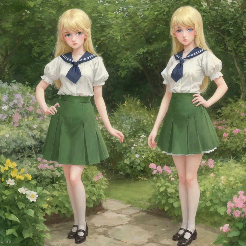 3 girls, long hair, Big , Blushing, blond, Green-eyed sailor suit short skirt 1933 style cute and beautiful girl 18 years old in the garden beautiful long legs high resolution, best quality, masterpiece, Lift skirt 