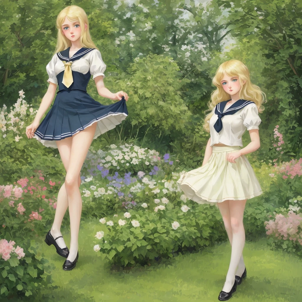3 girls, long hair, Big , Blushing, blond, Green-eyed sailor suit short skirt 1933 style cute and beautiful girl 18 years old in the garden beautiful long legs high resolution, best quality, masterpiece, Lift skirt