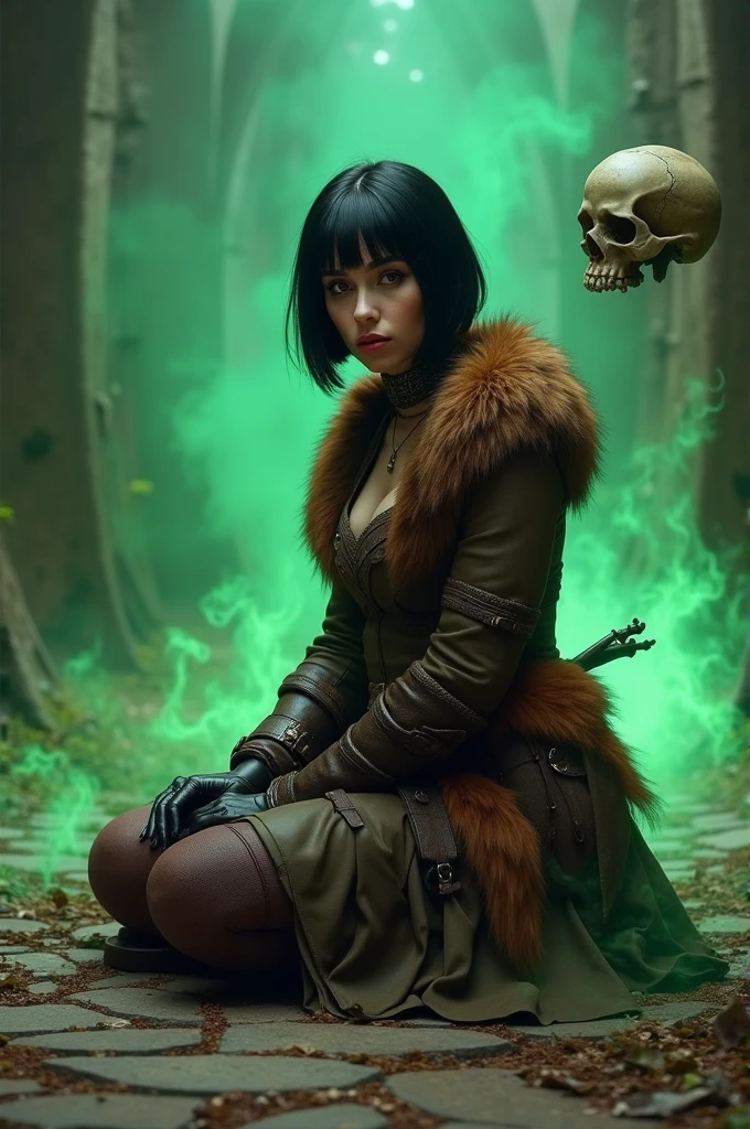 sorceress, Woman in her 30s, short black straight hair, violet eyes. Wears brown clothing made from animal skins and fur. She uses a crossbody bag made of fur where she keeps manuscripts and some plants for potions., In one hand he carries a small cauldron, long boots. big breasts and big butt. thick lips, makeup smeared. black painted nails. She is followed by a floating skull surrounded by green gas.. Sitting on her knees on a floor made of stone, looking at camera swooping
