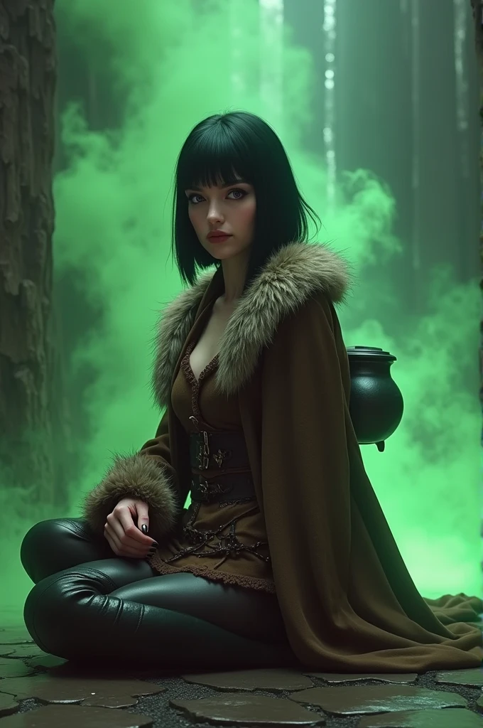 sorceress, Woman in her 30s, short black straight hair, violet eyes. Wears brown clothing made from animal skins and fur. She uses a crossbody bag made of fur where she keeps manuscripts and some plants for potions., In one hand he carries a small cauldron, long boots. big breasts and big butt. thick lips, makeup smeared. black painted nails. She is followed by a floating skull surrounded by green gas.. Sitting on her knees on a floor made of stone, looking at camera swooping
