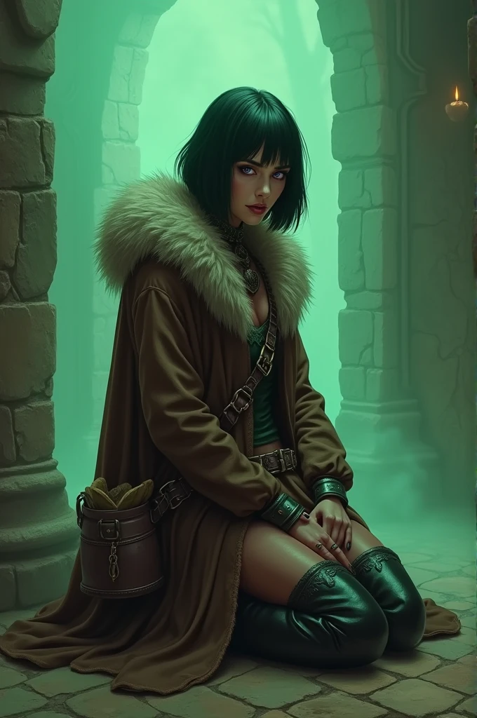 sorceress, Woman in her 30s, short black straight hair, violet eyes. Wears brown clothing made from animal skins and fur. She uses a crossbody bag made of fur where she keeps manuscripts and some plants for potions., In one hand he carries a small cauldron, long boots. big breasts and big butt. thick lips, makeup smeared. black painted nails. She is followed by a floating skull surrounded by green gas.. Sitting on her knees on a floor made of stone, looking at camera swooping
