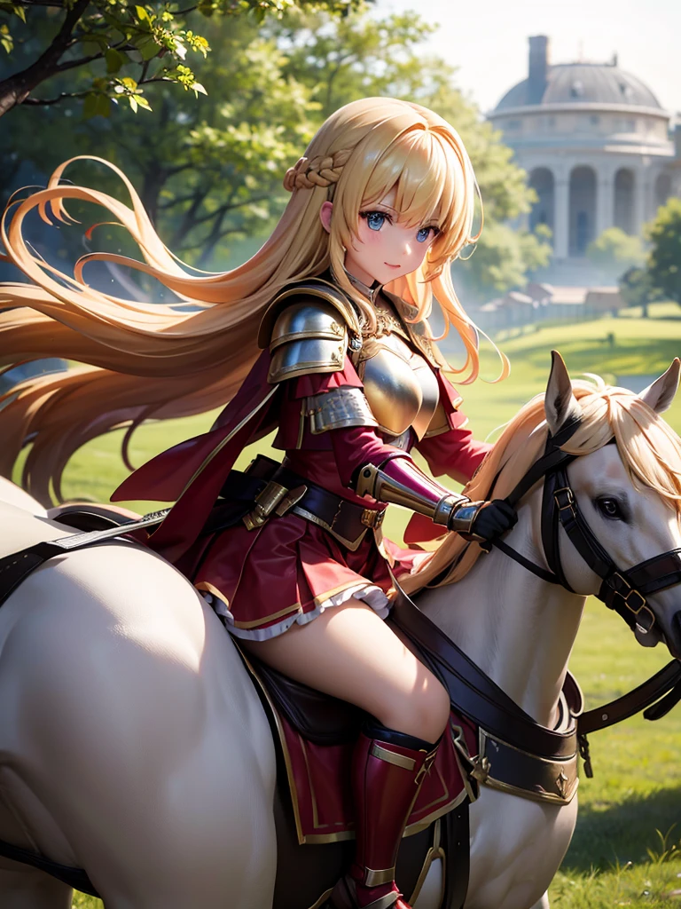 （super masterpiece）、（Excellent paintings）、（1 female）、Shoulder Armor, Arm armor, Breastplate, gauntlet, Golden Armor，red ruffle skirt，red poncho，Show your thighs，battlefield background（burning flame），long hair（Blonde hair color），flowing hair，Metallic texture，（1 armored war horse），horse riding，girl riding on horse，Horse&#39;s legs raised，Hold the flag in your right hand（Phoenix pattern），Arms on the shoulders，(Samurai style greatsword,:1.3), Wearing a golden feather-shaped headdress，show face，Aqua blue pupils（bright colors、glow），rosy skin，rosy skin，Delicate 8k skin texture，High detail vray rendering，light passing through hair（Delicate light and shadow，Exquisite details），Vibrant colors and light and shadow，High detail background，Perfect lighting，Light tracking，HDR，8k，uhd，8K resolution，Ultimate texture，Ultimate picture quality，Ultimate light and shadow，reflection，luster，High contrast，Stunning illustrations，perfect illustration，Light chasing，atmosphere，CG，Movie，close-up（horse riding），barded_steed，