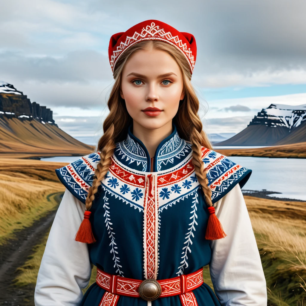 woman in iceland  folk outfit, vector graphics, strong contours
