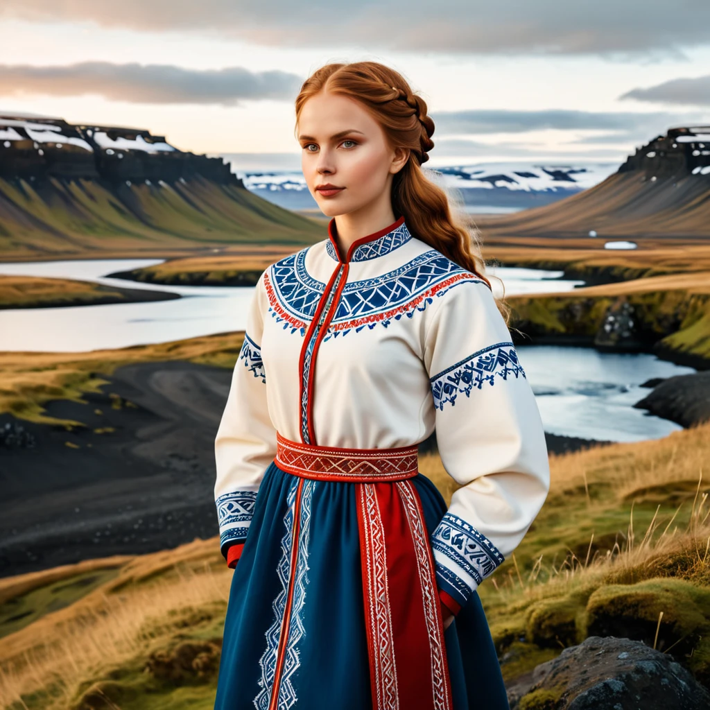 woman in iceland folk outfit, vector graphics, strong contours